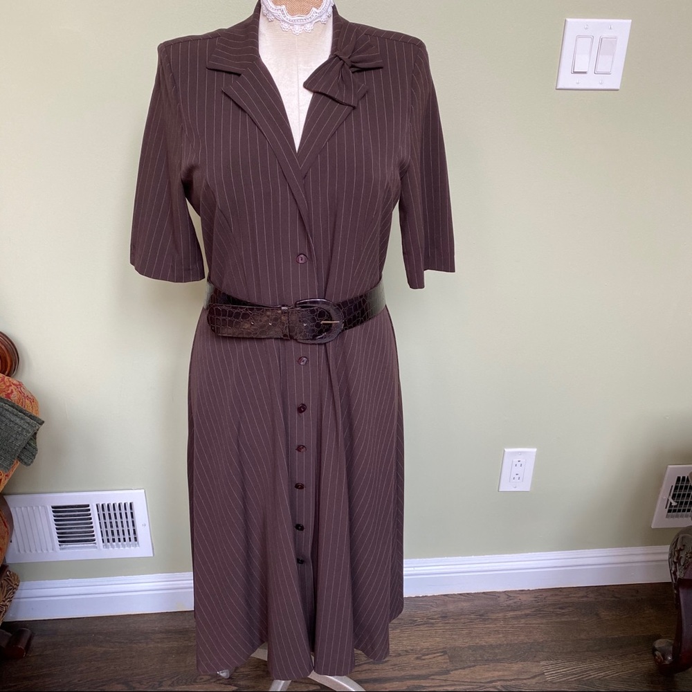 Pin stripe button down belted midi shirt dress